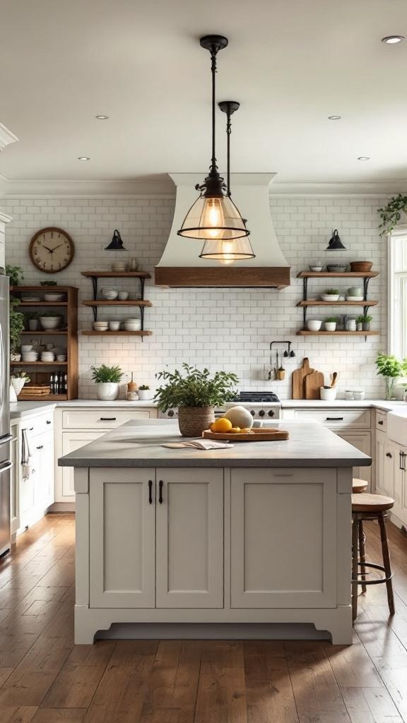 A farmhouse kitchen featuring stylish pendant lighting above an island, with wooden shelves and a warm color palette.
