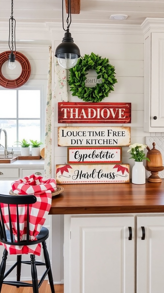 A collection of farmhouse style patriotic signs displayed on a shelf, featuring red, white, and blue colors.