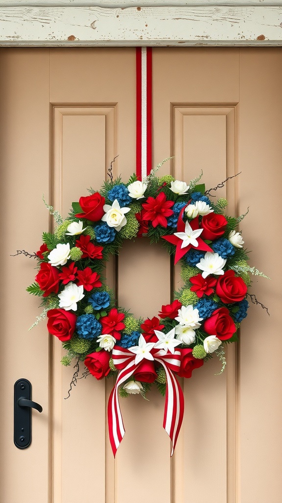 A patriotic wreath with red, white, and blue flowers and a striped ribbon, hanging on a beige door.