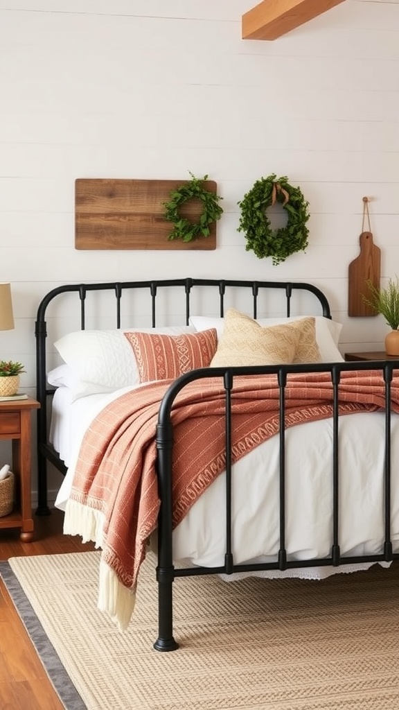 Cozy farmhouse bedroom featuring a black metal bed frame, warm bedding, and decorative wreaths.