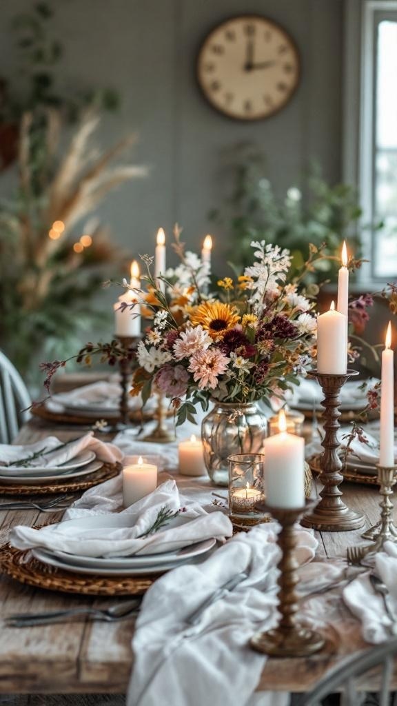 A farmhouse kitchen table with a floral centerpiece, candles, and rustic tableware.