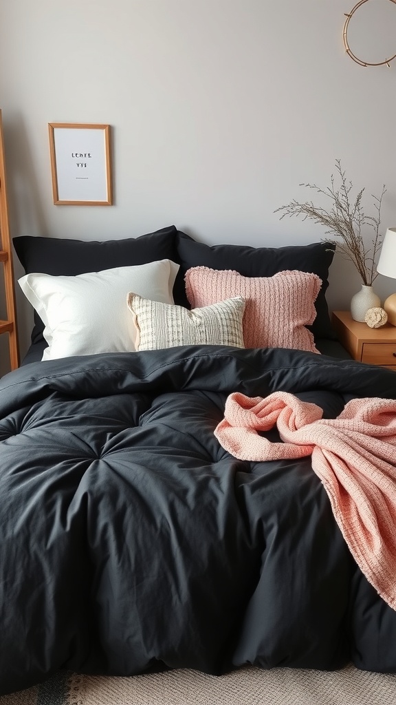 A cozy bedroom featuring a black comforter with pastel pillows and a light throw blanket.
