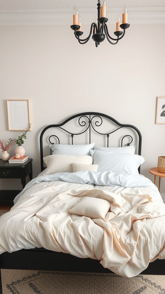 A cozy black bed with light bedding and decorative touches in a feminine style.