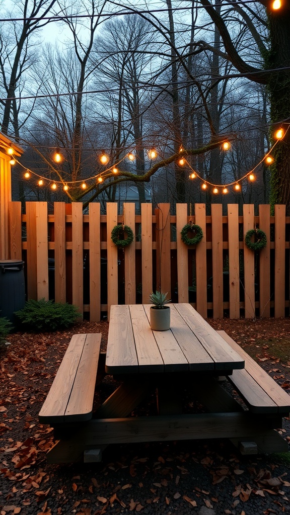 A cozy fenced-in outdoor dining space with a wooden picnic table and string lights.