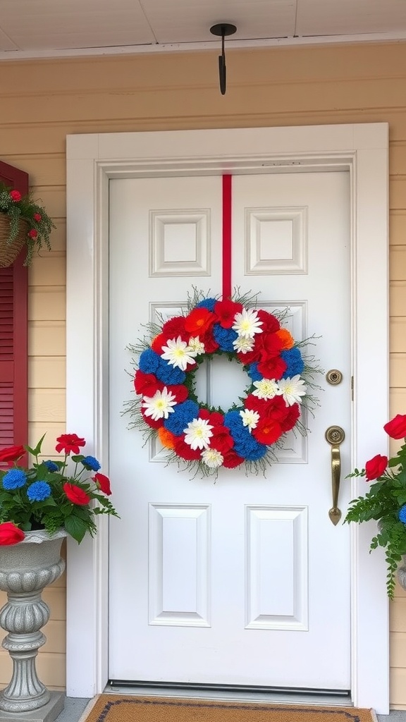 A Fourth of July wreath featuring red, white, and blue flowers, hanging on a white door with potted flowers on either side.