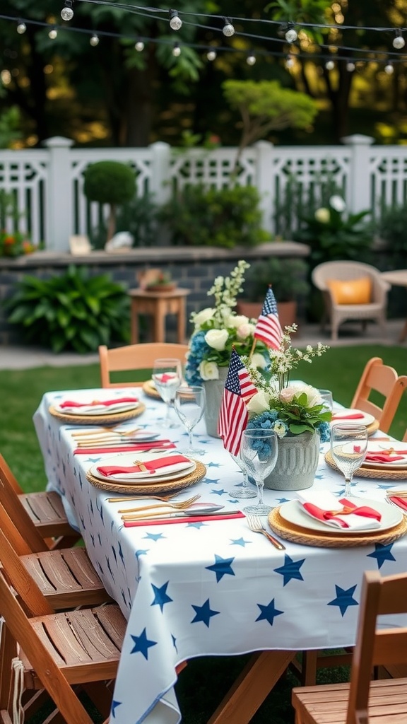 A festive Fourth of July outdoor table setting with a star-patterned tablecloth, red napkins, and small American flags.