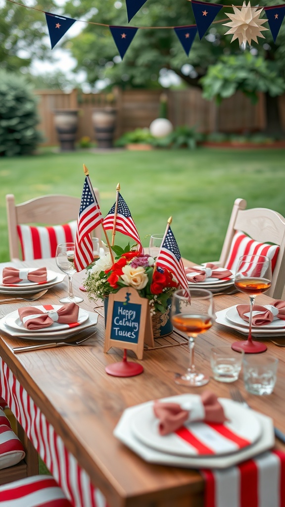 A festive outdoor table setting for Fourth of July, featuring red and white striped decor, small American flags, and a floral arrangement.