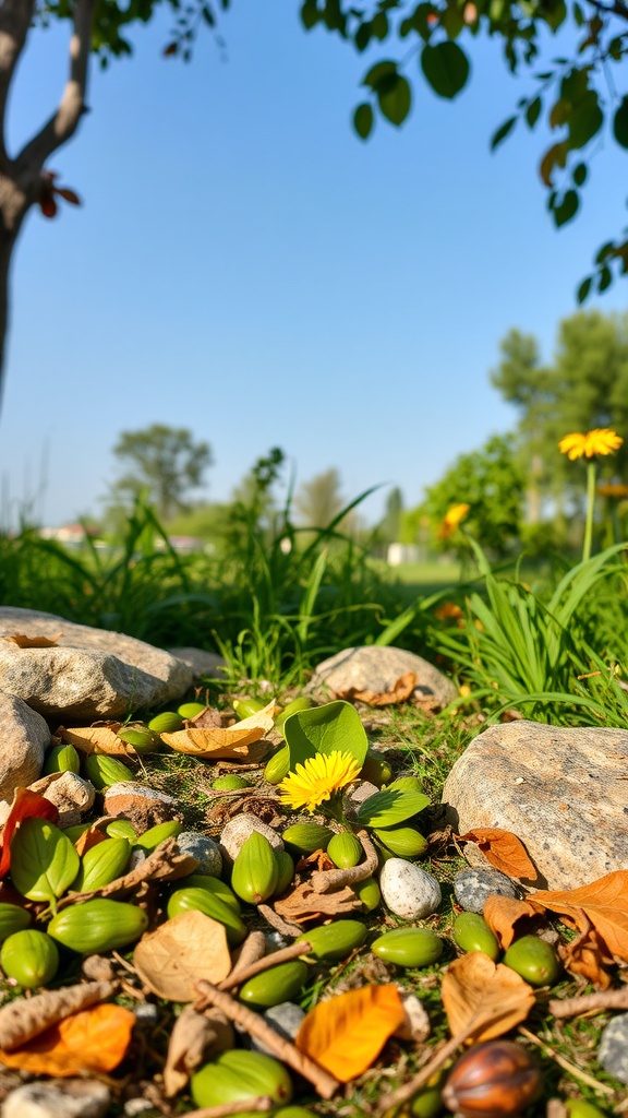 A close-up view of a natural setting with rocks, leaves, and a yellow flower.
