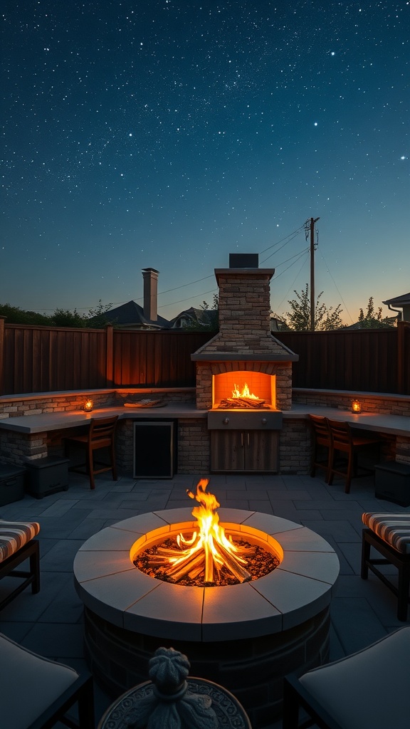 A cozy outdoor kitchen with a stone fire pit and fireplace under a starry sky.