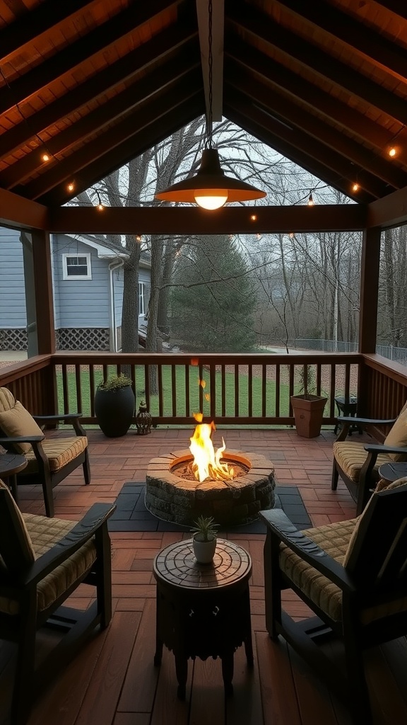 Cozy fire pit area with comfortable seating and warm lighting on a back porch.