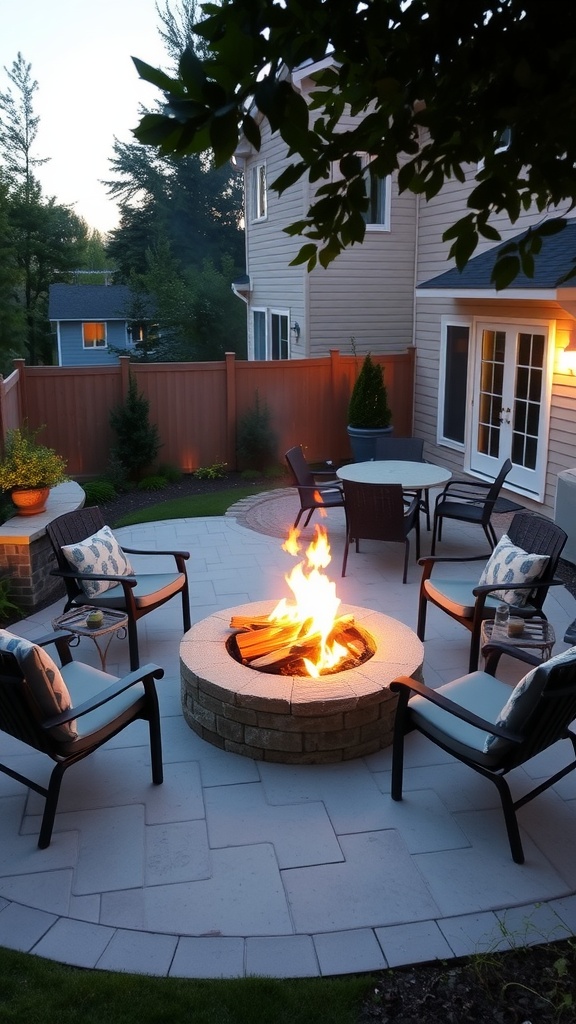 Cozy fire pit area with seating for evening gatherings on a back porch patio