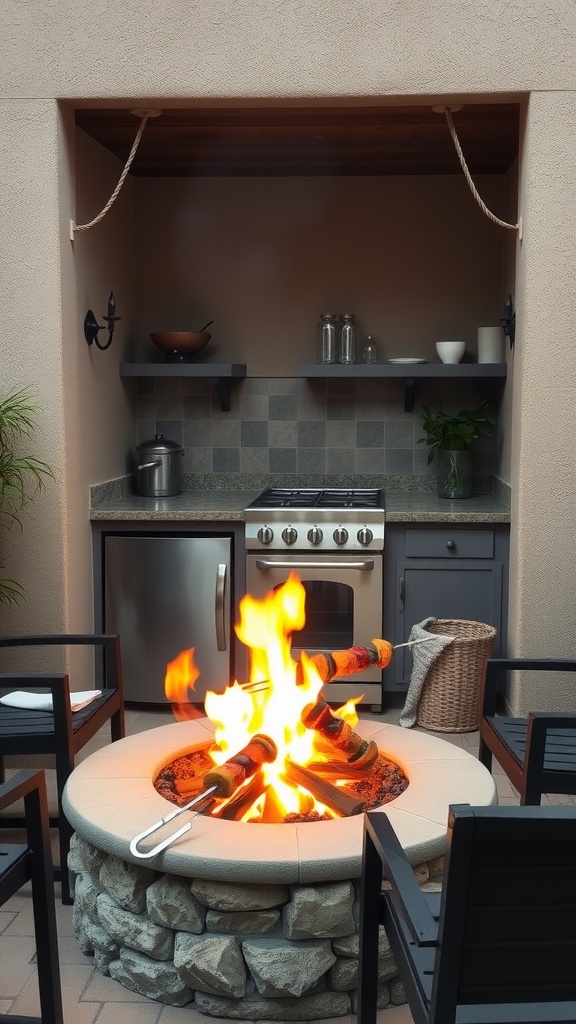 An outdoor kitchen featuring a fire pit cooking area with skewers and seating