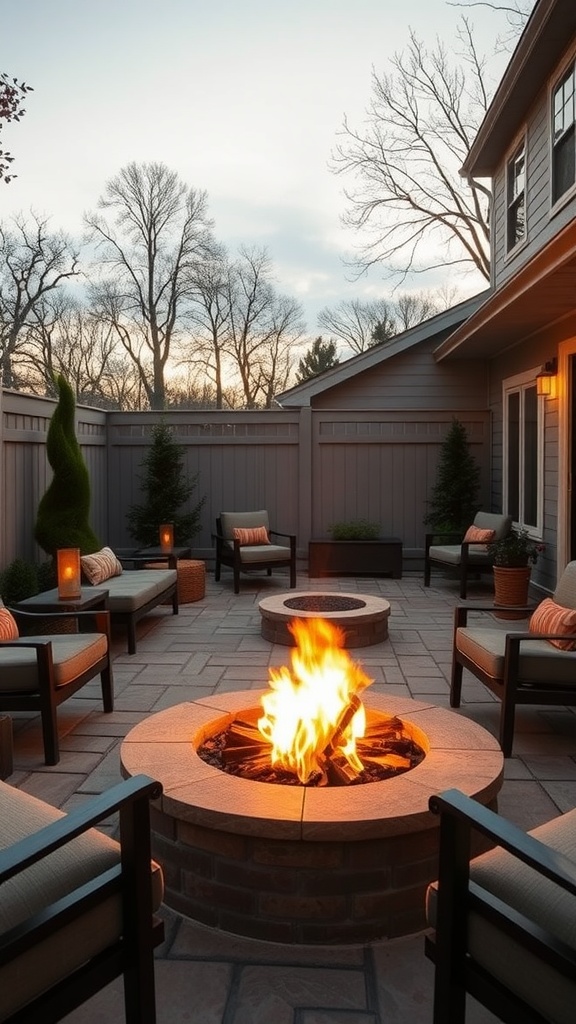 Cozy front patio with a fire pit and seating arrangement