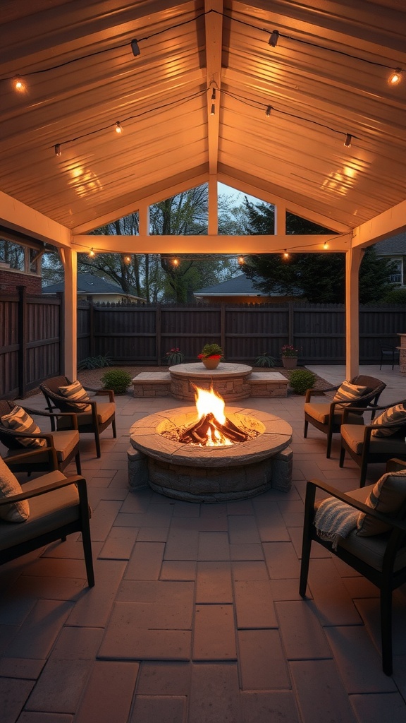 Cozy covered patio with a fire pit and chairs, illuminated by string lights.