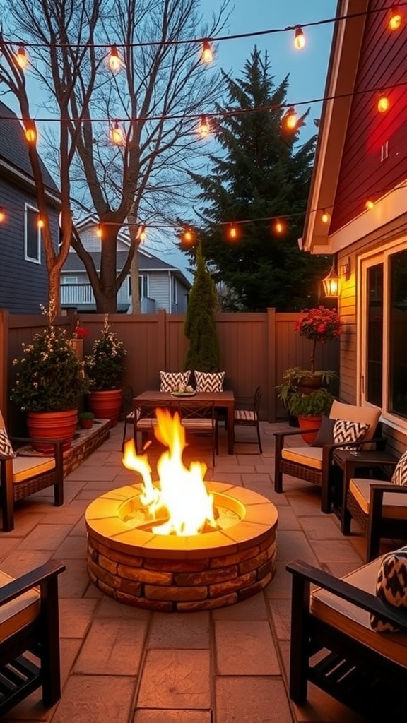 Cozy fire pit gathering space with string lights and comfortable seating