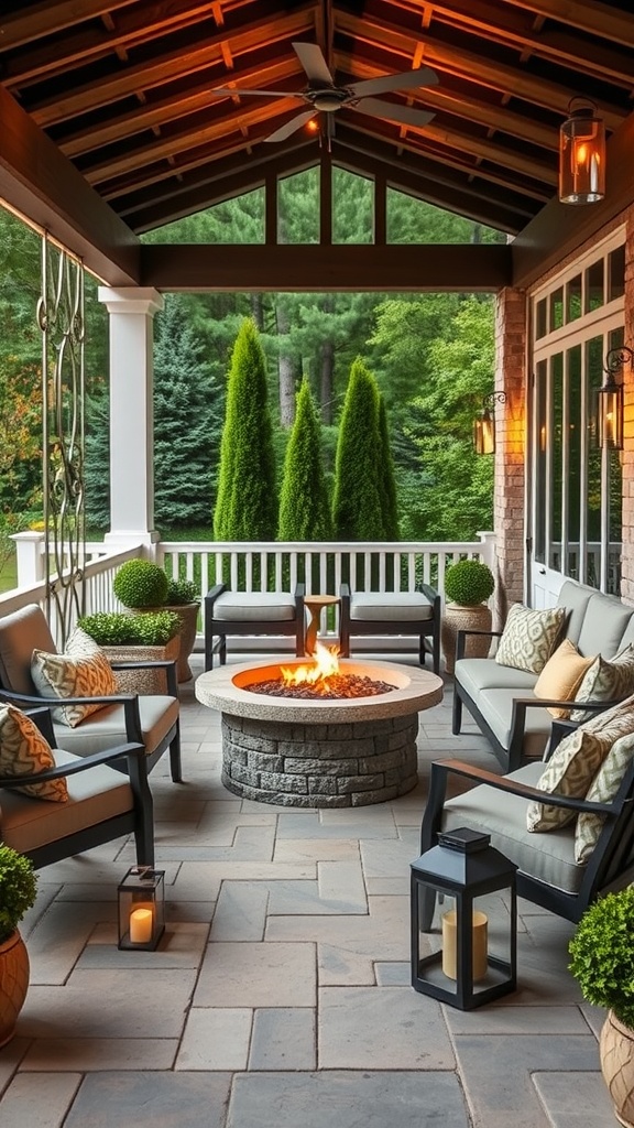 Cozy outdoor patio with a stone fire pit and comfortable seating