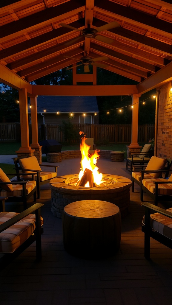 A cozy fire pit surrounded by chairs on a covered patio, illuminated by string lights.