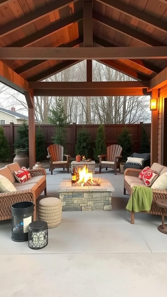 Cozy fire pit lounge with covered seating area and warm lighting