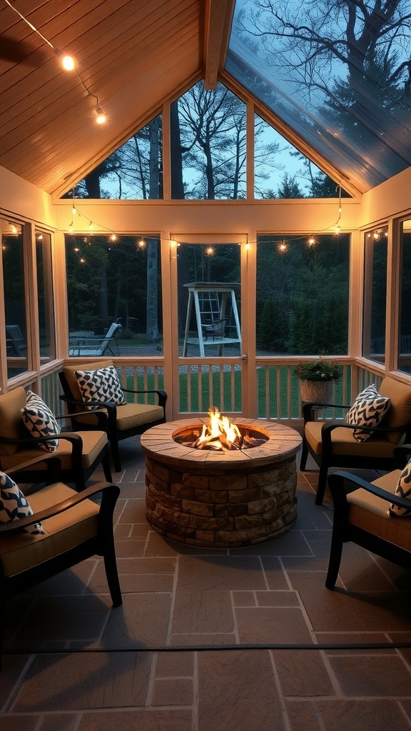 Cozy screened-in porch with a stone fire pit, comfortable chairs, and string lights.