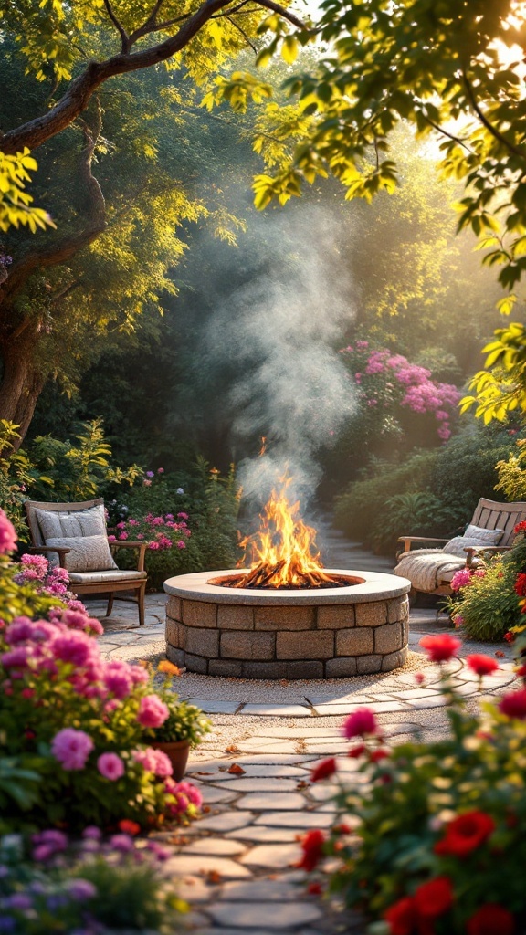 A cozy fire pit surrounded by colorful flowers and green foliage