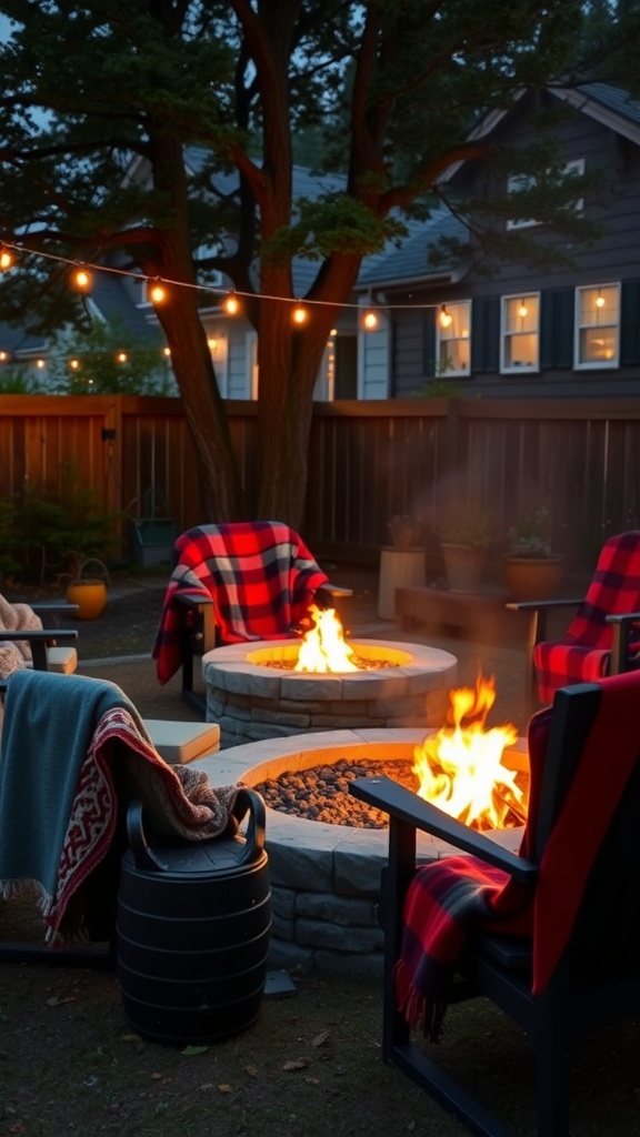 Cozy fire pit with blankets and chairs, illuminated by string lights