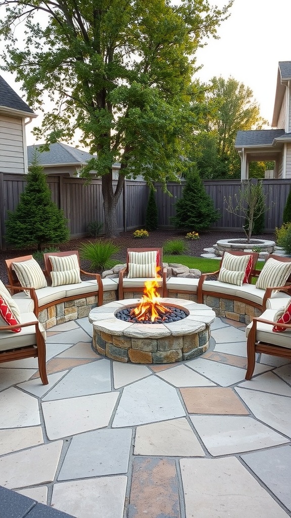 A cozy backyard fire pit with circular seating and a stone surround, featuring lush greenery.