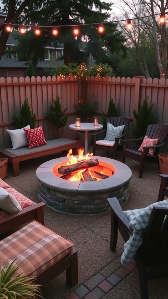 Cozy outdoor fire pit surrounded by customizable seating arrangements with cushions and string lights.