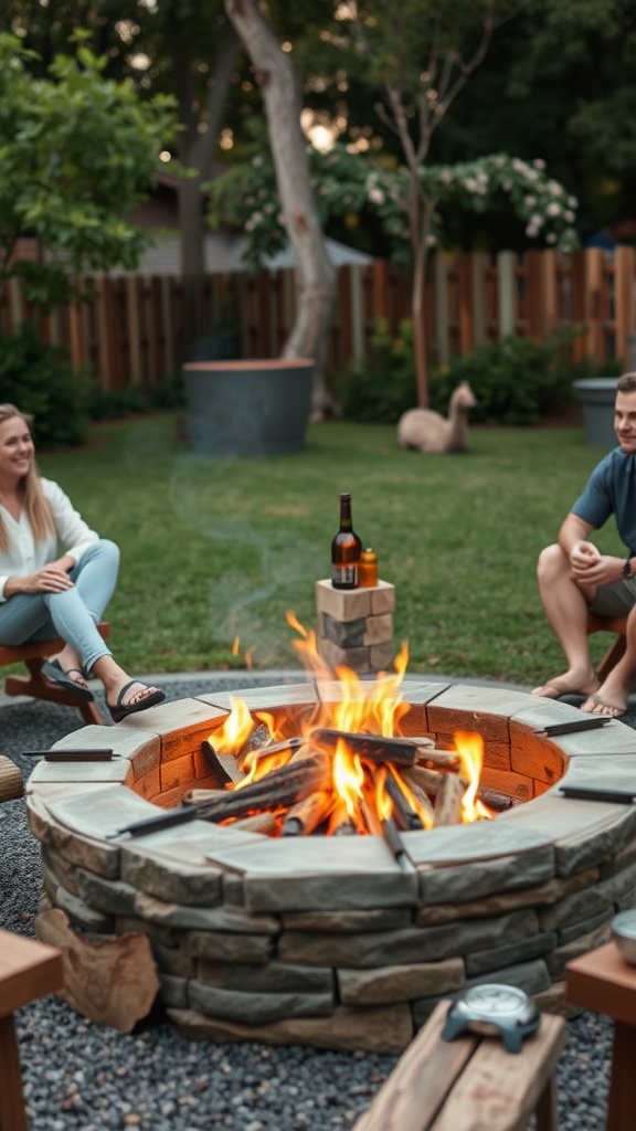 A cozy backyard setting featuring a stone fire pit with fire, surrounded by friends enjoying the evening.
