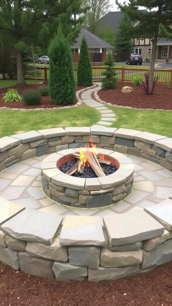A circular stone fire pit with wood and black stones, surrounded by a smooth seating area and greenery.