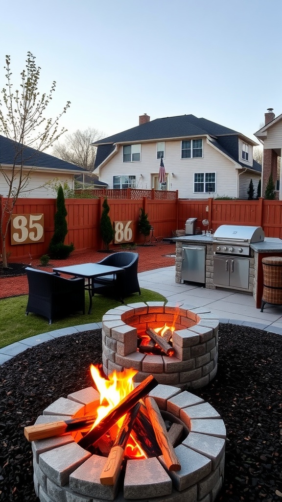 Backyard with two stone fire pits, flames, and an outdoor kitchen with a grill