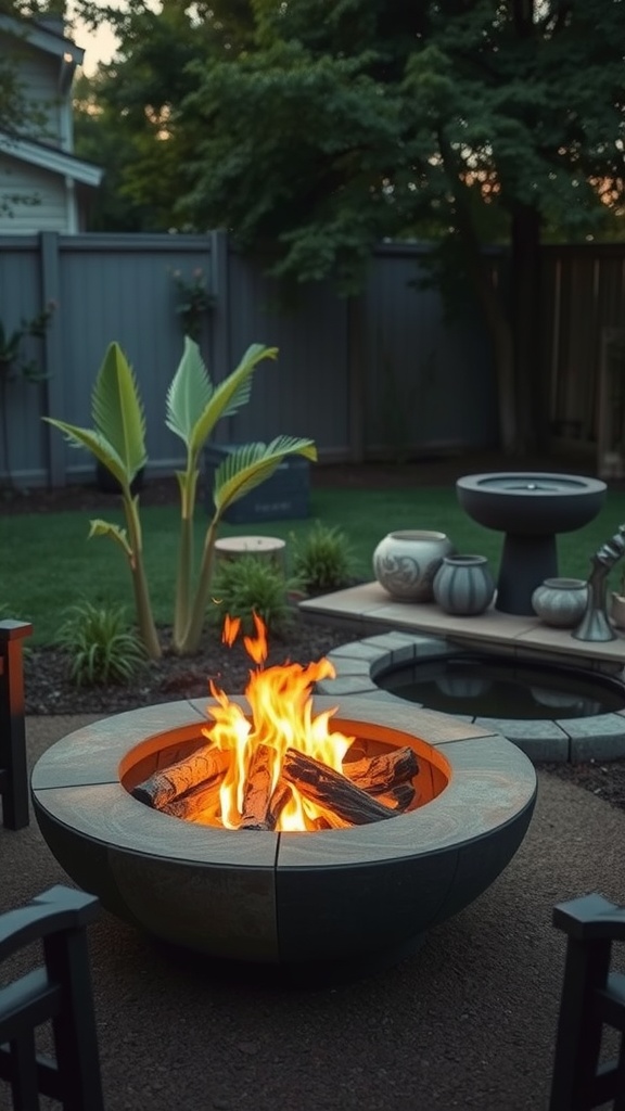 A cozy fire pit surrounded by a water feature in a backyard setting.