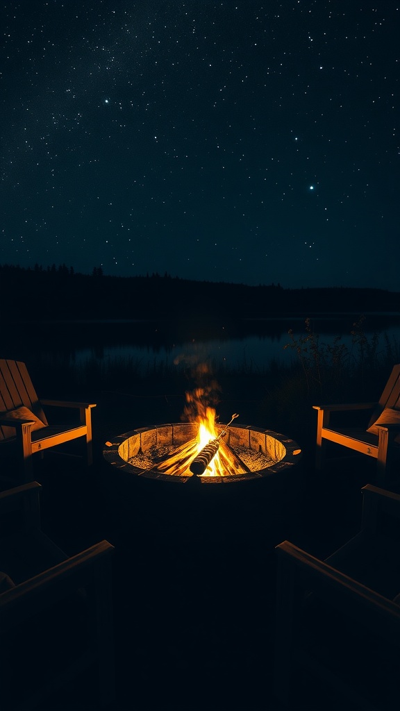 A cozy fire pit surrounded by chairs under a starry night sky.