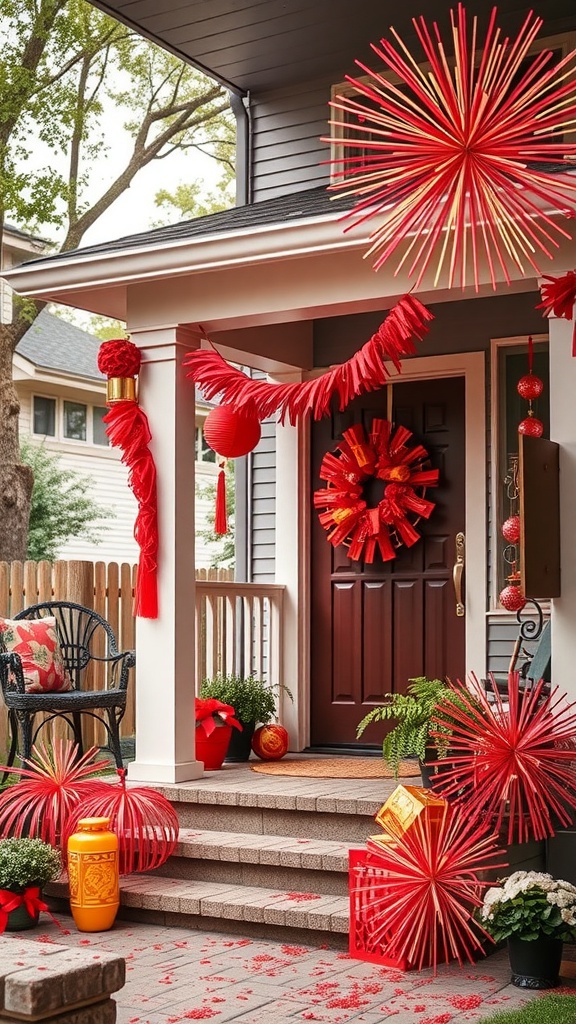 A festive porch decorated with red firecracker-inspired decorations for Fourth of July