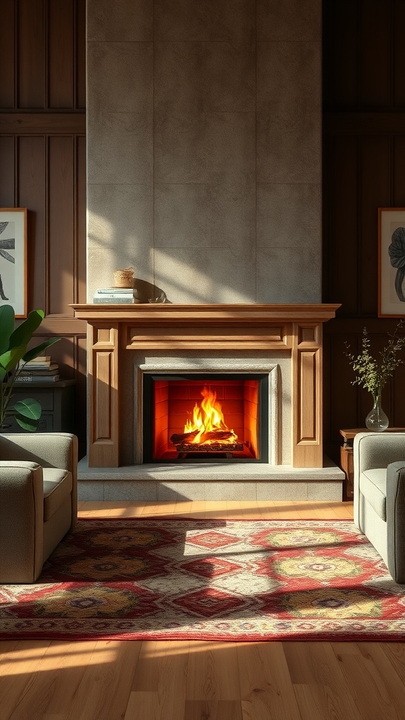 A cozy living room featuring a fireplace as a focal point, with comfortable chairs and a colorful rug.