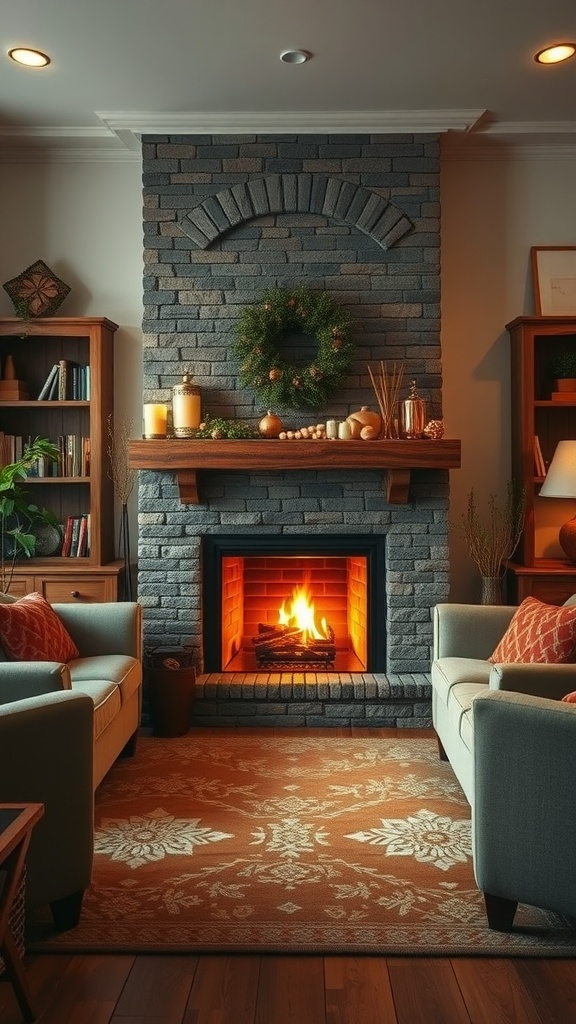 Cozy living room with a stone fireplace, decorated with a wreath, candles, and soft seating.