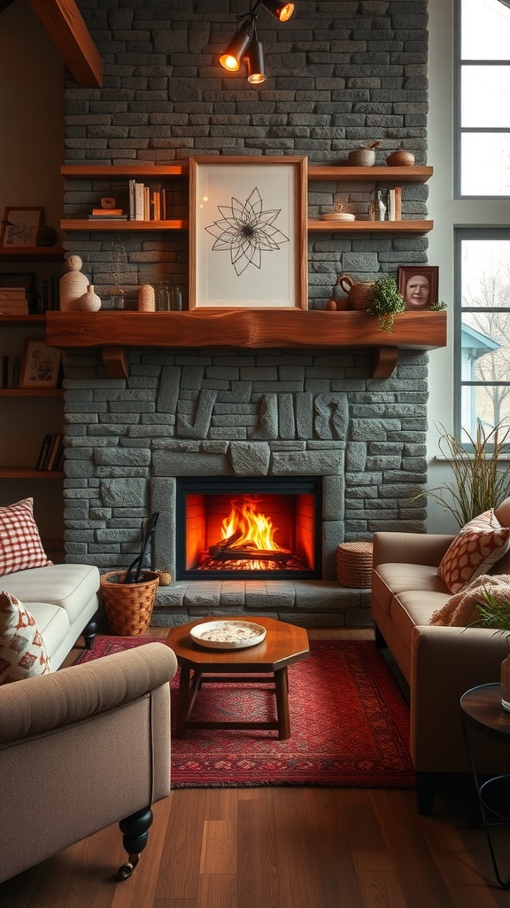Cozy living room with a fireplace, comfortable seating, and warm decor.