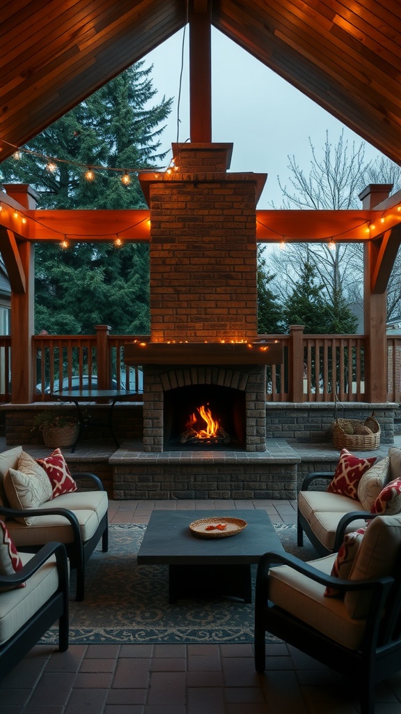 Cozy covered patio with a stone fireplace, comfortable seating, and warm lighting.
