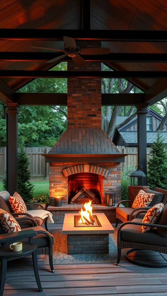 Cozy back porch with a brick fireplace and comfortable seating, creating a warm atmosphere.