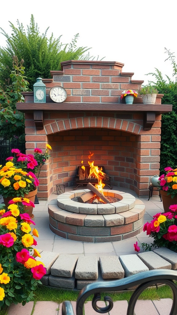 A brick fire pit surrounded by colorful flowers in a backyard setting.