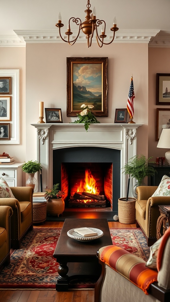A cozy English living room featuring a fireplace surrounded by comfortable seating and decorative elements.