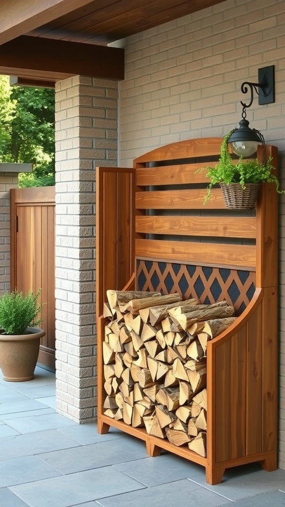 Wooden firewood storage rack on a patio with potted plants and hanging light