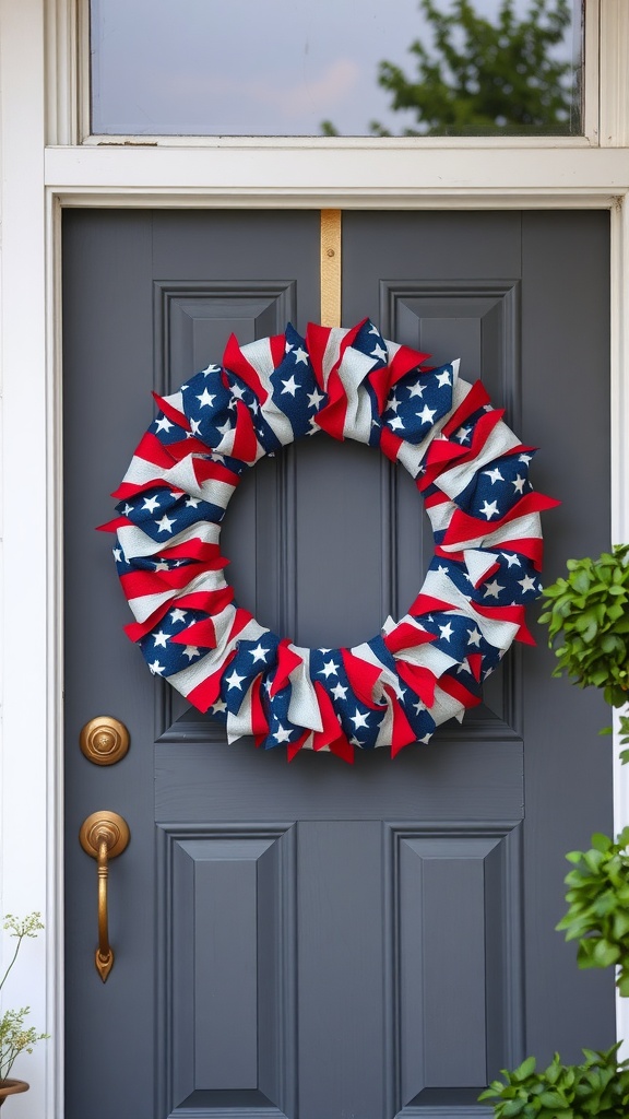 A flag-themed wreath with red, white, and blue ribbons displayed on a front door.