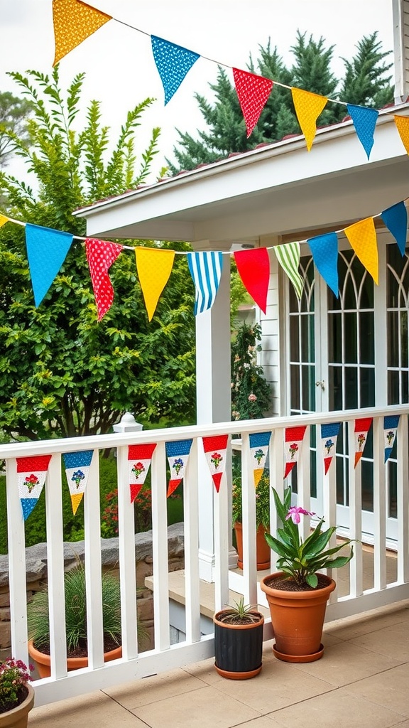 Colorful flag bunting hanging on a patio railing with flower pots