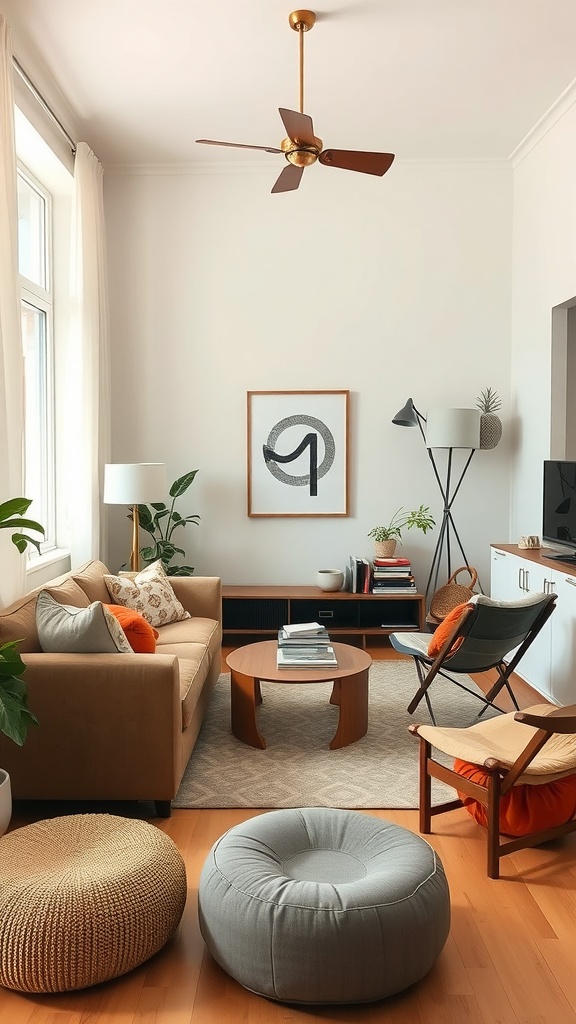 A cozy small living room with flexible seating options including poufs and chairs.