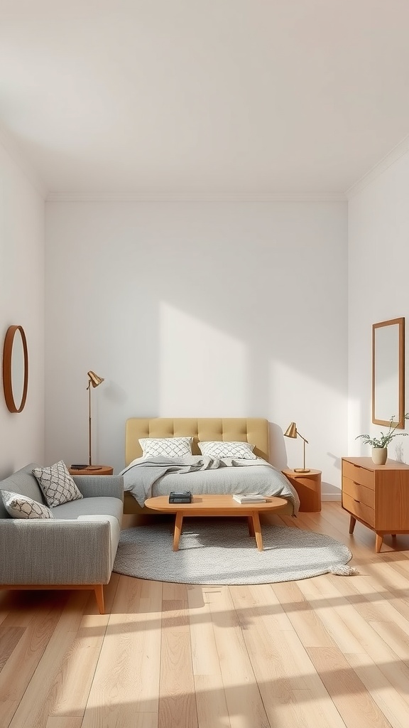 A bright bedroom with floating furniture including a cozy bed, a sofa, and a coffee table.