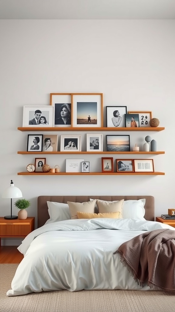 A bedroom featuring floating shelves with various framed pictures and decorative items.