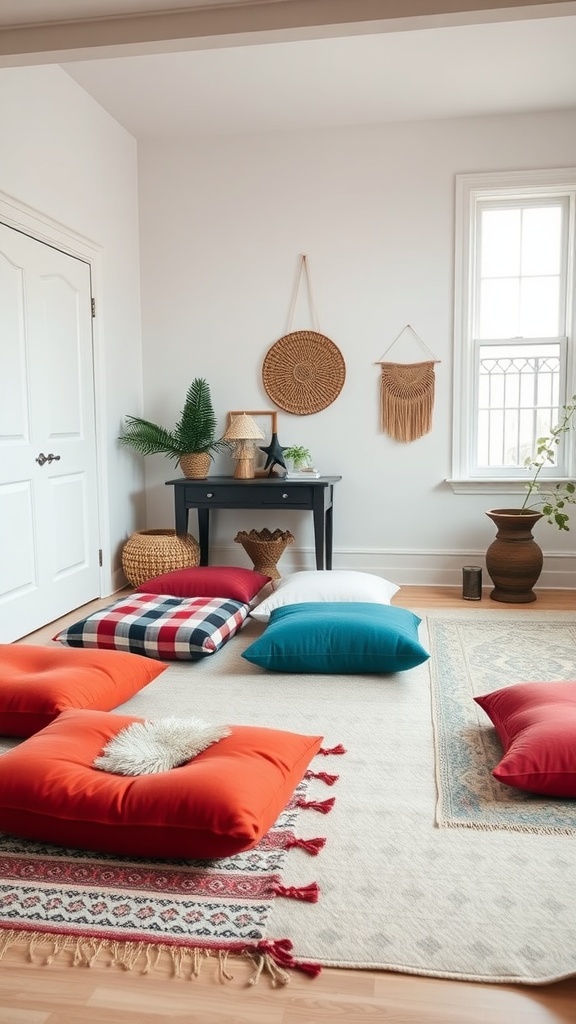 Colorful floor cushions in a minimal boho bedroom setting.