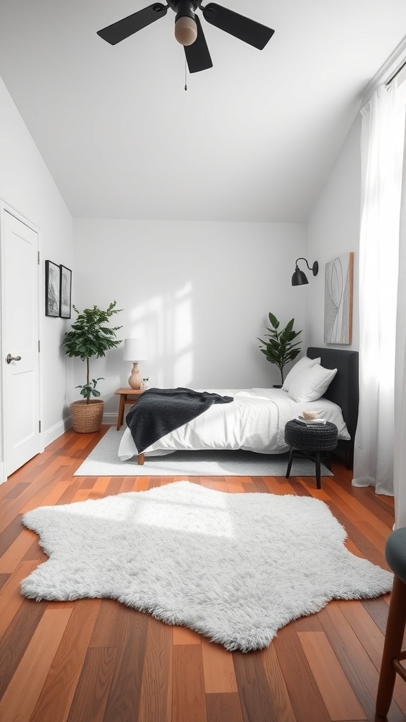 Cozy black and white bedroom with wooden flooring and a fluffy rug