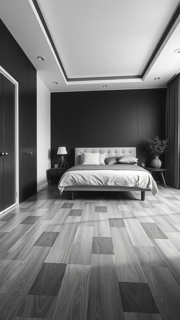 A stylish black, white, and grey bedroom featuring wood flooring, a bed with light bedding, and dark walls.