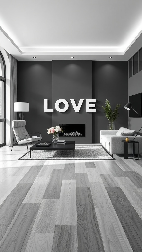 A stylish black and white aesthetic living room featuring wooden flooring, modern furniture, and decorative elements.